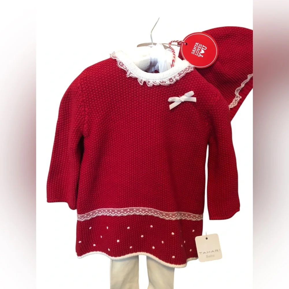 Tahari Baby NWT 3-Piece Holiday Red Knit Baby Dress, Hat and Cream Tights